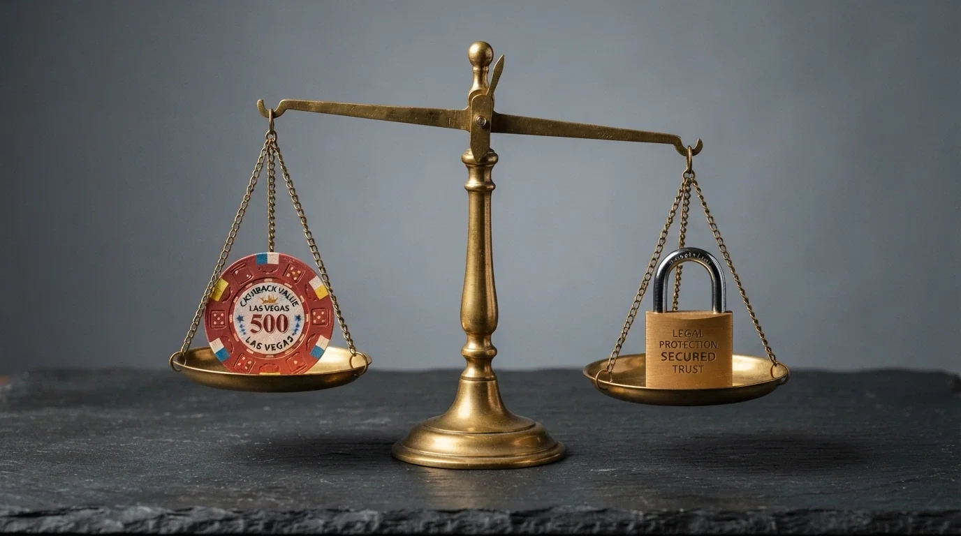 A decision-style visual weighing cashback rate against legal protection, with the key checks a player should make before depositing