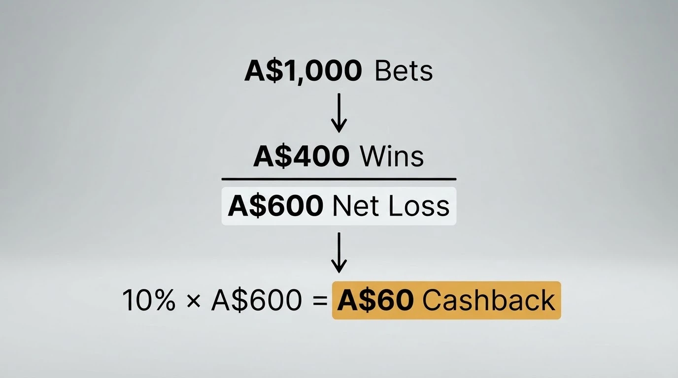 A visual diagram showing how net-loss cashback is calculated — bets placed minus wins, with the cashback percentage applied to the remainder