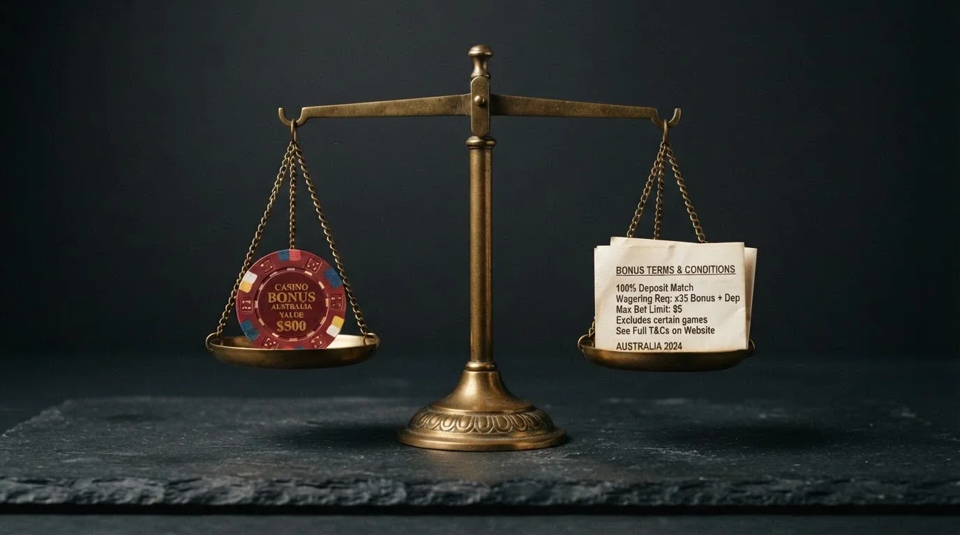 A set of balance scales with a casino bonus chip on one side and a folded terms-and-conditions document on the other
