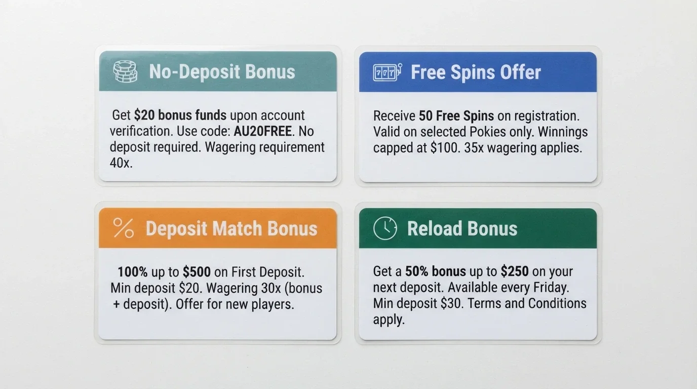 Four labelled cards arranged in a grid, each representing a bonus type — No-Deposit, Free Spins, Deposit Match, Reload — with a simplified term summary on each card