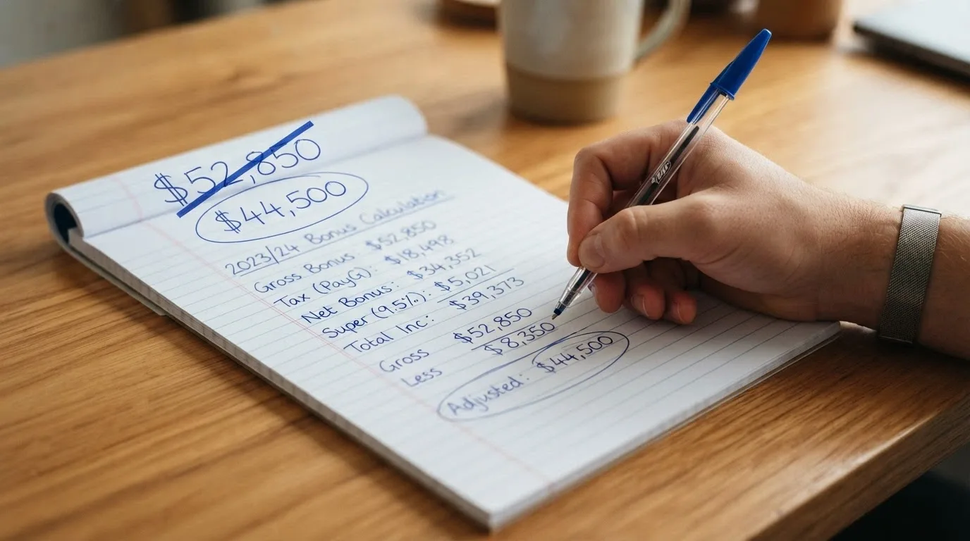 A calculator or notepad with handwritten arithmetic breaking down a bonus amount by a wagering multiple, with a crossed-out headline figure and a smaller circled real value