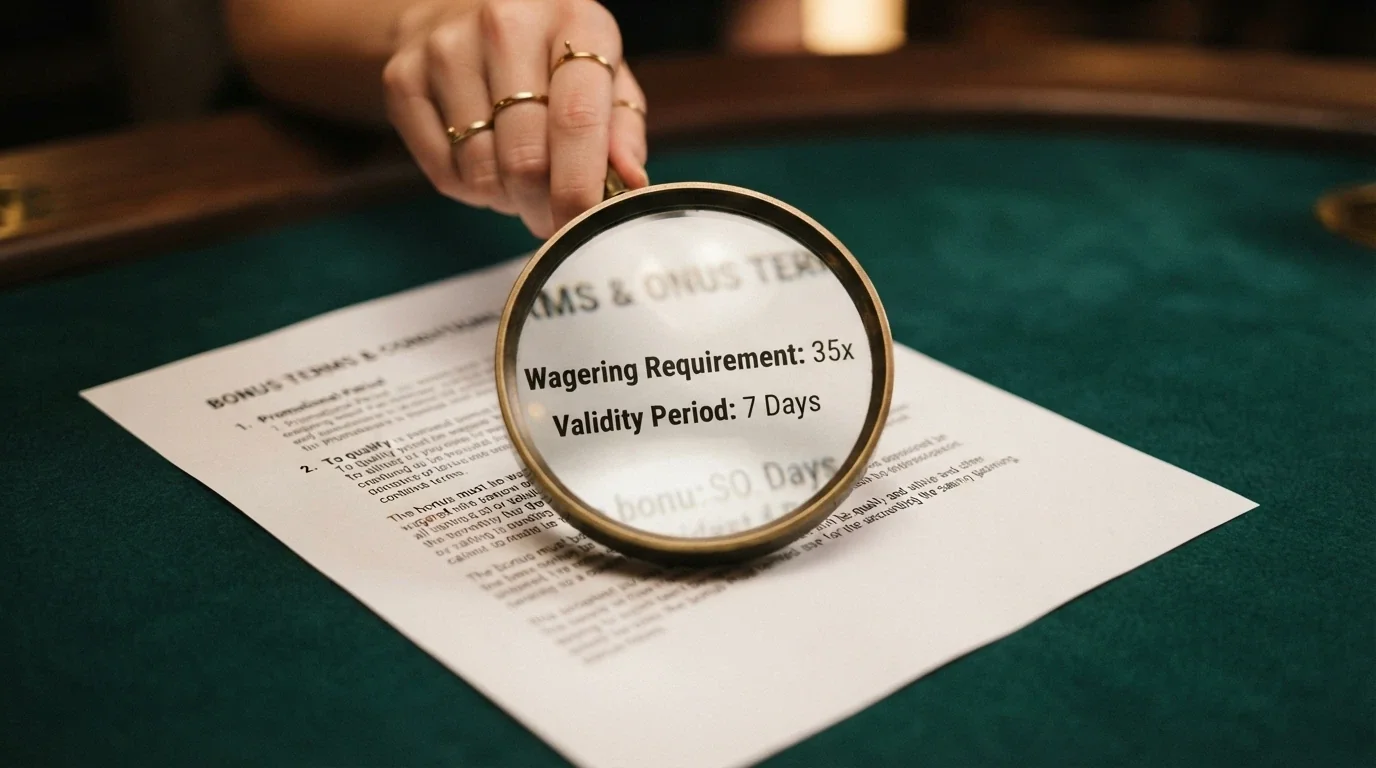 A magnifying glass over bonus terms and conditions with the wagering multiplier and validity period highlighted