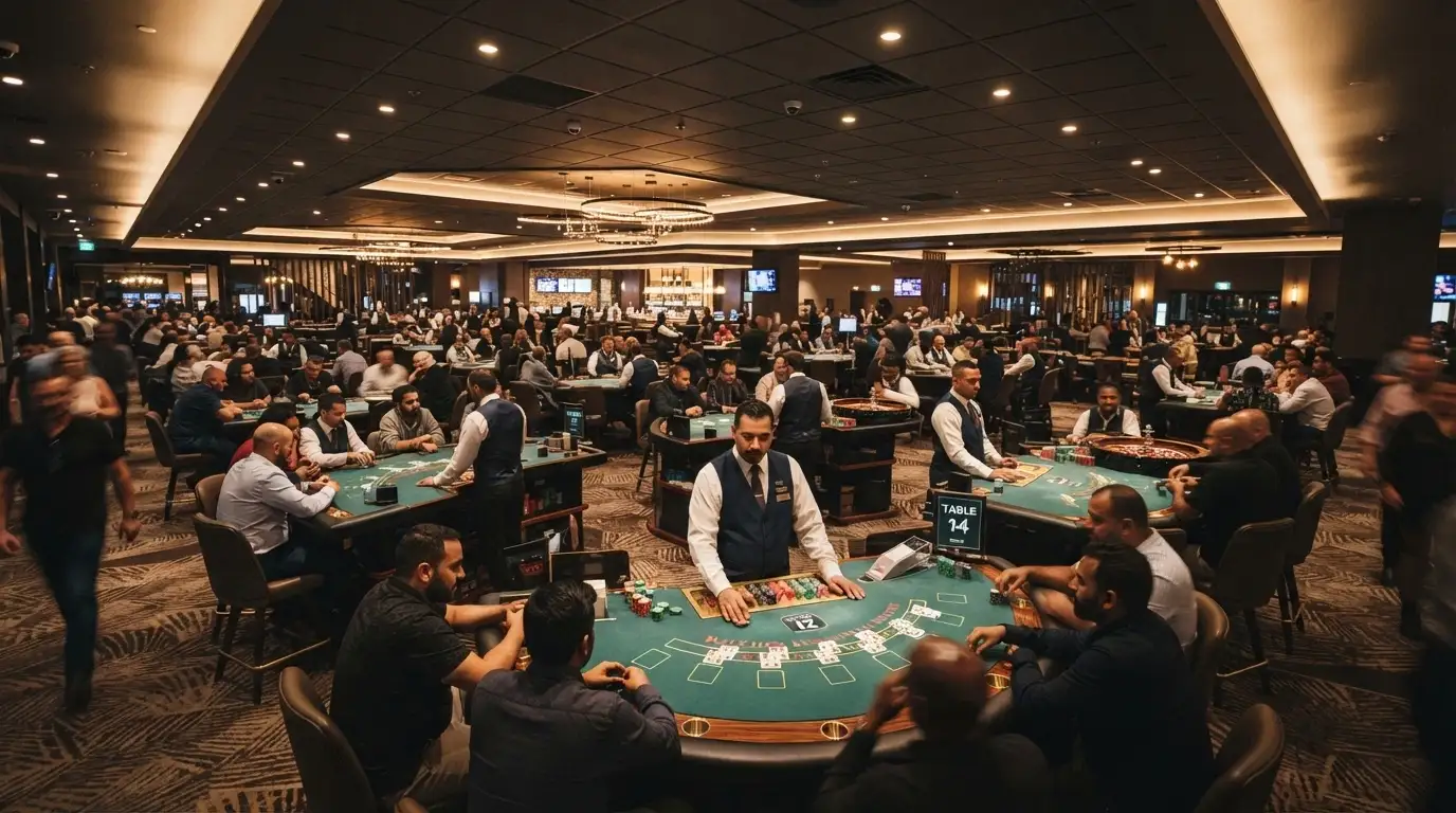 Wide-angle shot of Casino Canberra's main gaming floor with blackjack and roulette tables in play, dealers and patrons visible