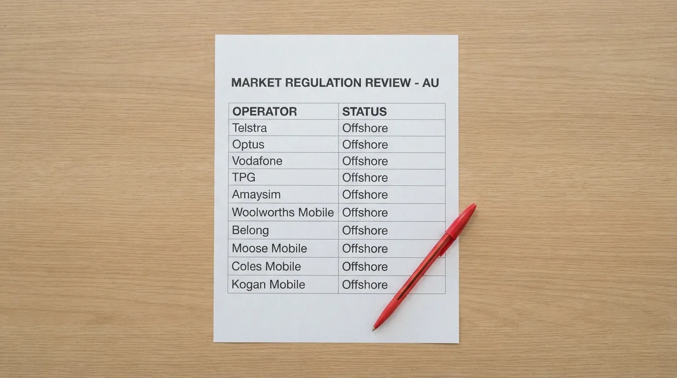 A visual comparison layout showing operator names beside their AU licence status, with every row marked as unlicensed