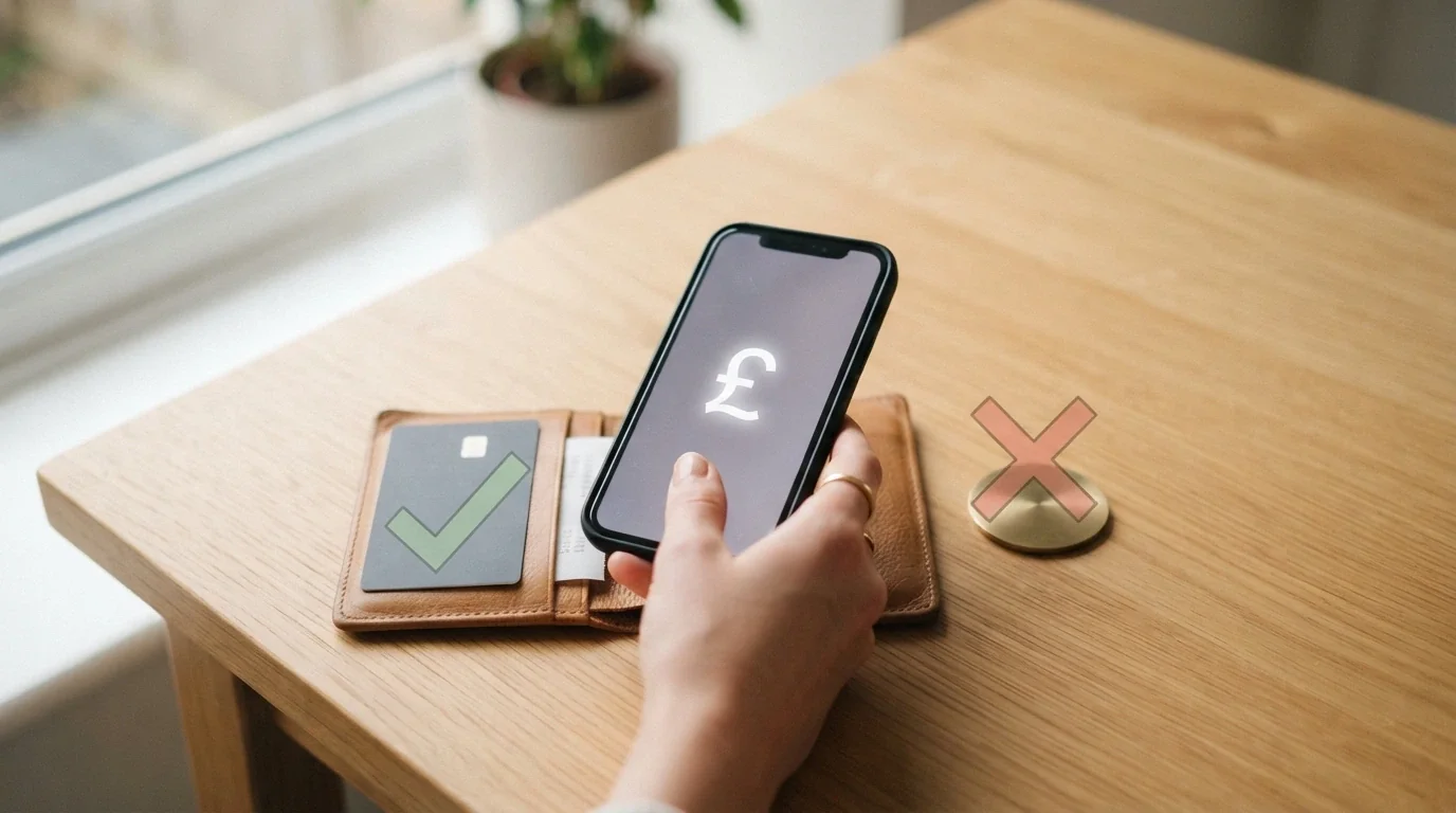 A hand holding a smartphone above a wallet with a debit card, a bitcoin token and a AU$50 note visible, with a red cross over the bitcoin and a green tick over the debit card.