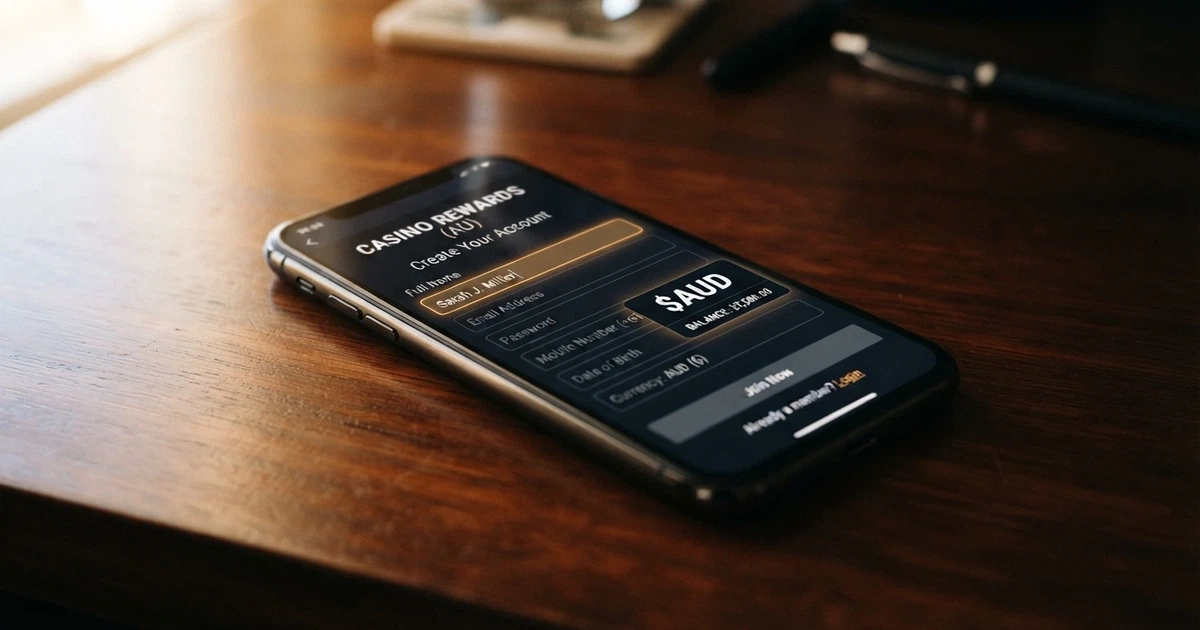 A close-up of a smartphone screen showing an online casino registration form with a promo-code field highlighted, Australian dollar symbols visible in the bonus banner