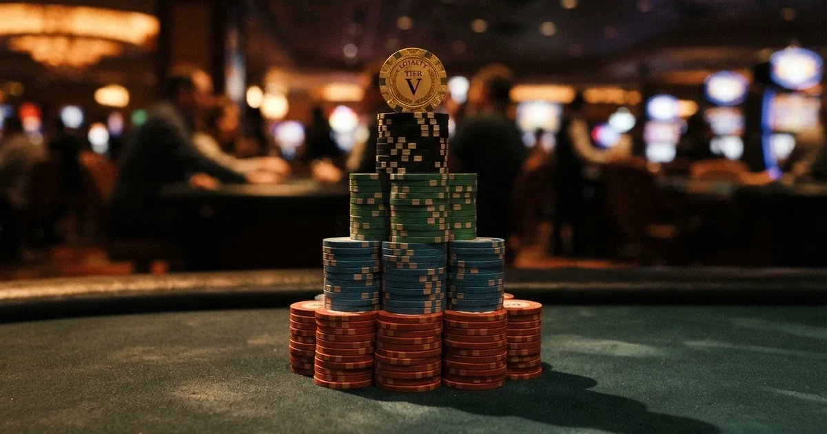 A layered illustration of a casino loyalty ladder from entry to elite tier with rewards icons at each level