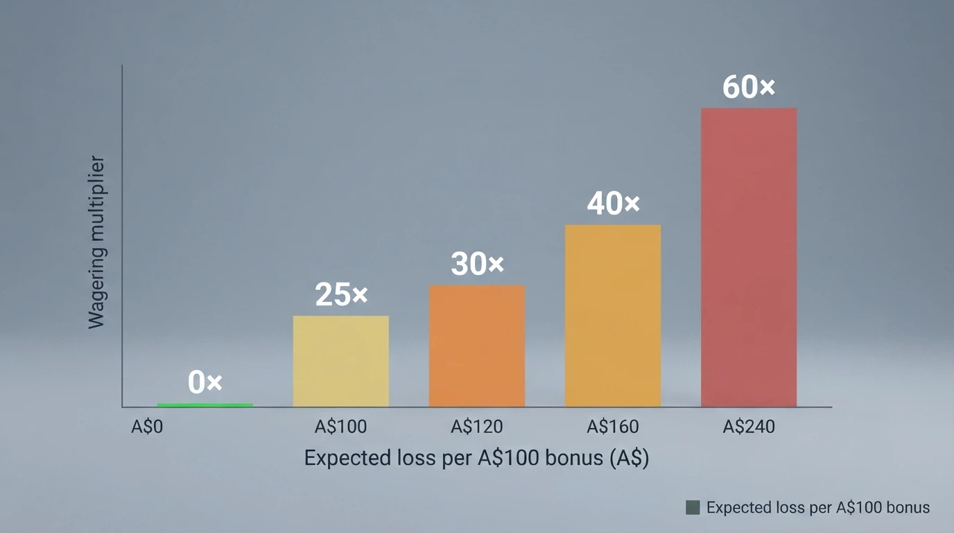 A comparison chart showing Australian casino bonus offers ranked by wagering requirement