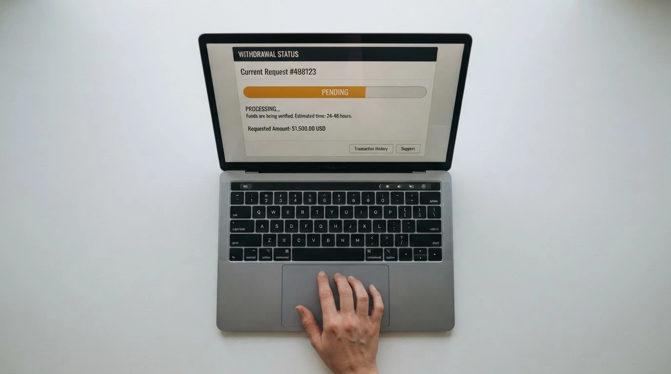 A laptop screen showing a casino withdrawal page with a “pending” status indicator and a progress bar, the player's hand resting on the trackpad, waiting