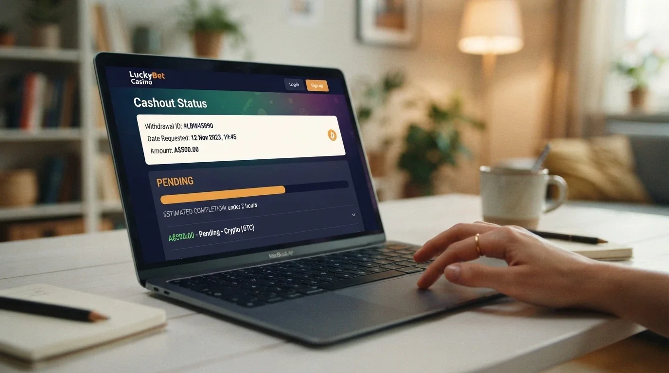 A casino withdrawal screen showing a pending Bitcoin withdrawal of A$500 with a status bar and an estimated completion time of under 2 hours