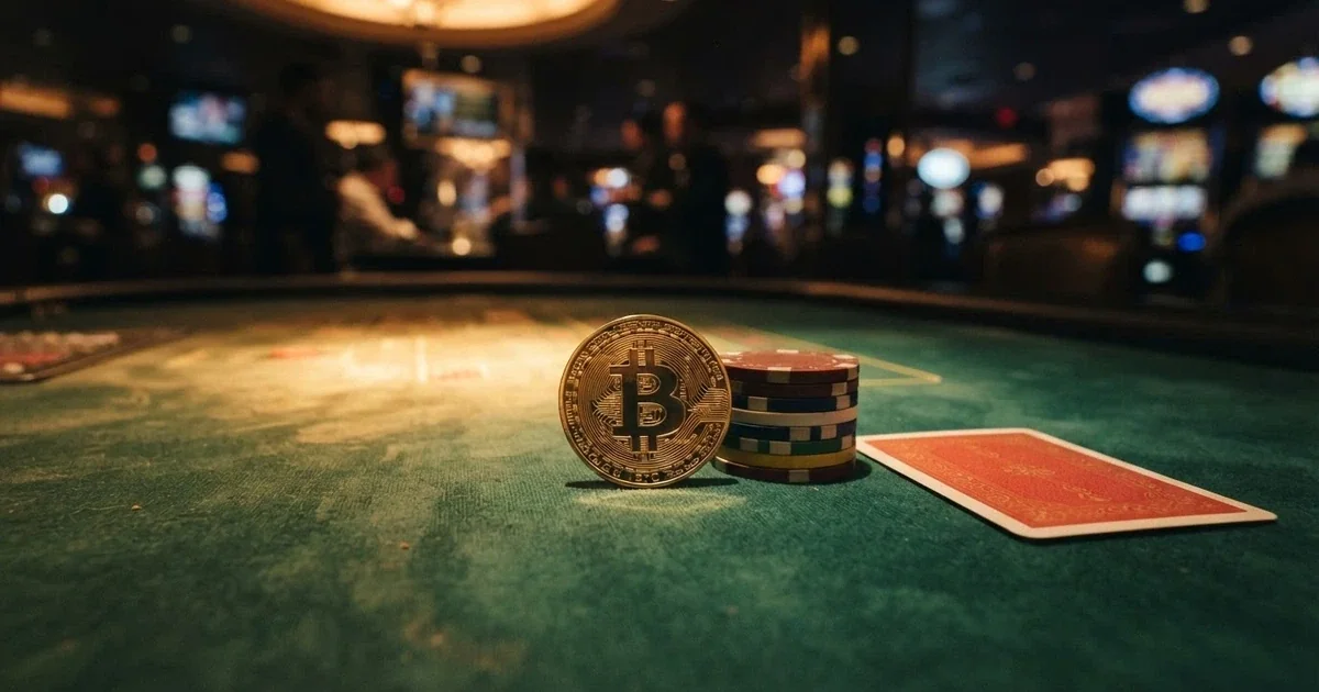 A gold Bitcoin token resting on a green casino table beside a stack of poker chips and a playing card