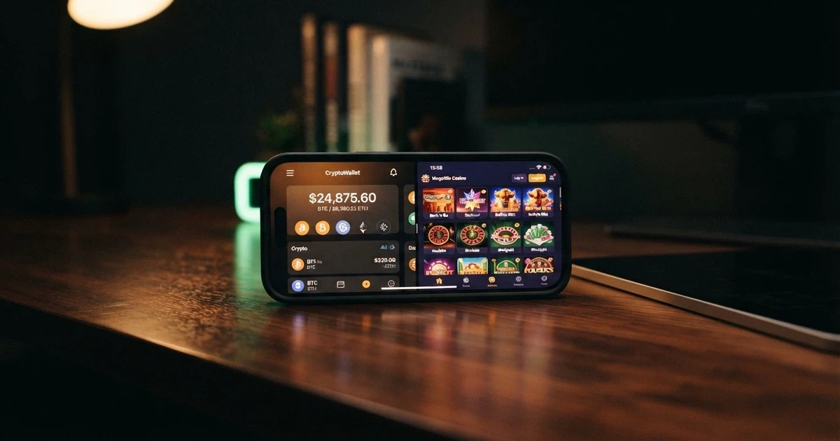 A smartphone screen showing a Bitcoin Cash wallet balance beside a casino lobby with pokies and table-game thumbnails, over a dark background with the BCH logo visible