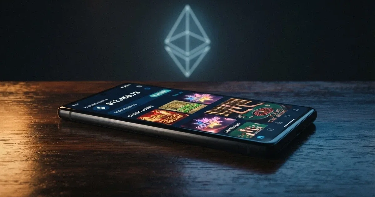 A smartphone screen displaying an Ethereum wallet balance beside a casino lobby with slot tiles and a live-dealer thumbnail, against a dark background with the Ethereum diamond logo