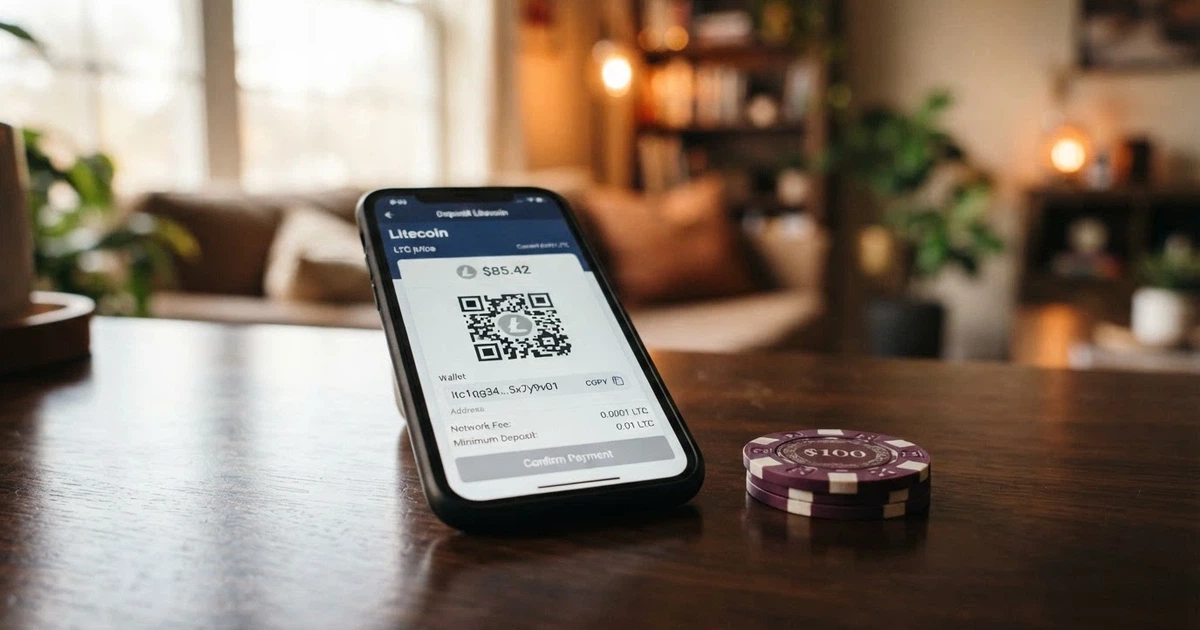 A crypto casino deposit screen showing Litecoin as a payment option alongside a mobile wallet QR code