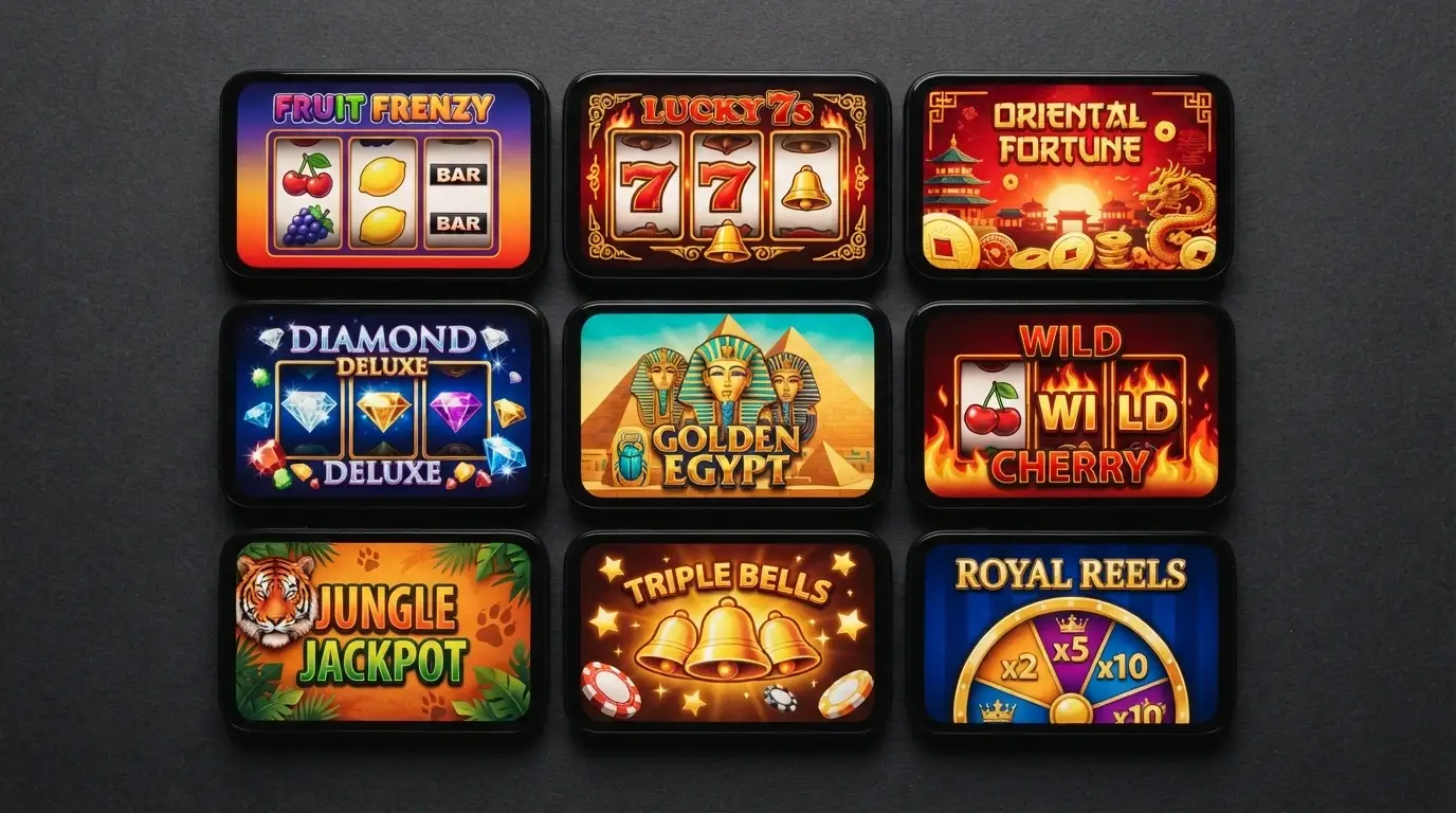 Grid of nine popular 3-reel pokie title screens including Mega Joker, Fortune Gems 3 and 777 Wheel Blitz