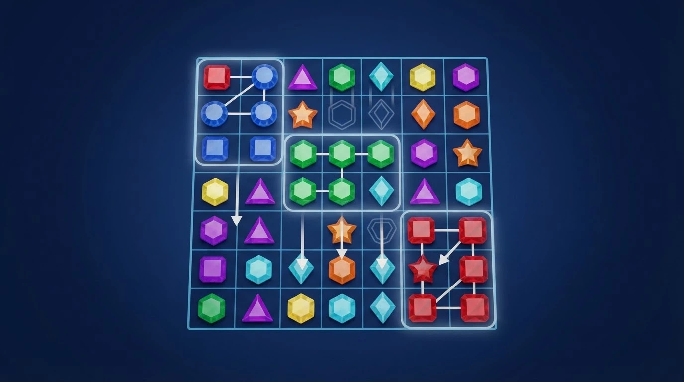 Diagram of a 7×7 slot grid with highlighted winning clusters spanning multiple rows and columns, arrows tracing the tumble cascade as winning symbols disappear