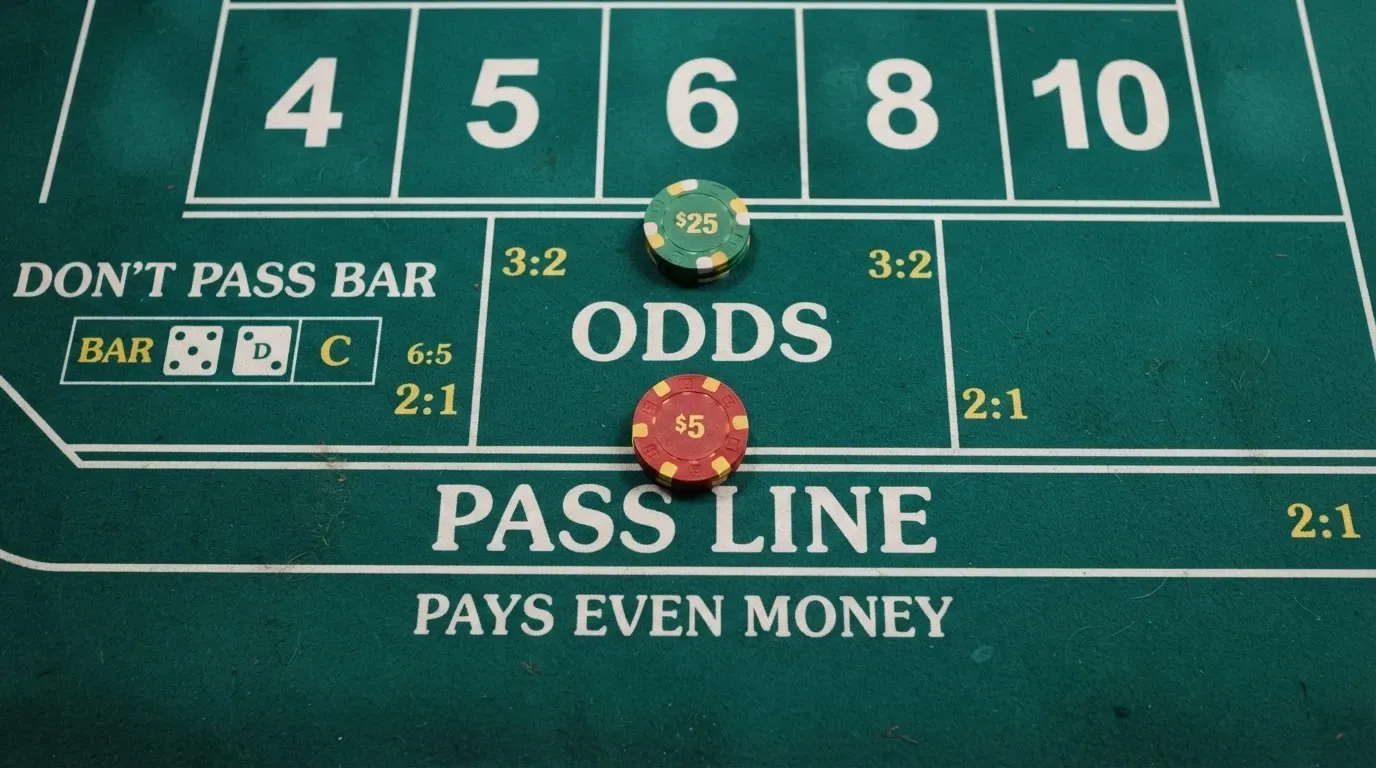 A close-up of a craps felt layout highlighting the Pass Line and Odds bet markers with the payout ratios printed beside each betting section
