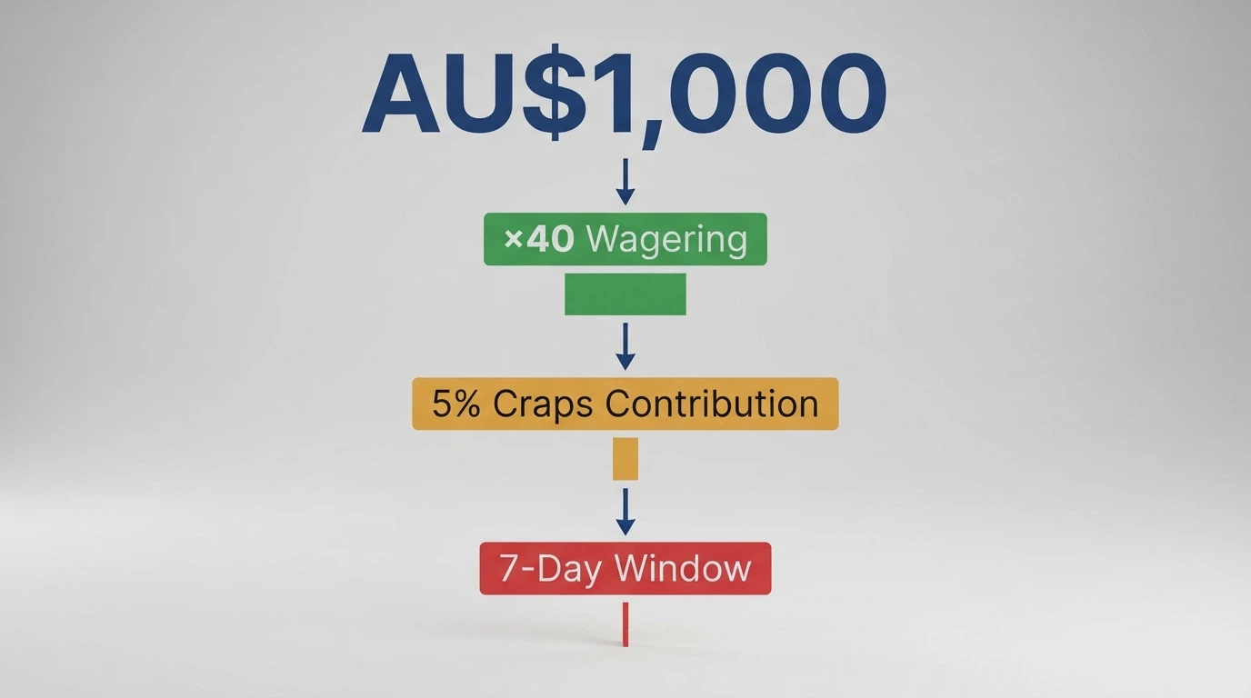 A visual breakdown of a welcome bonus showing the advertised AU$1,000 figure shrinking through a 40x wagering filter to a much smaller realisable amount, with a craps contribution rate callout