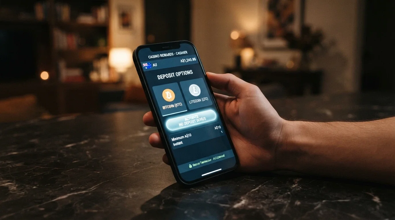 A smartphone displaying a casino cashier screen with Bitcoin and Ethereum deposit options alongside a no-deposit bonus activation button