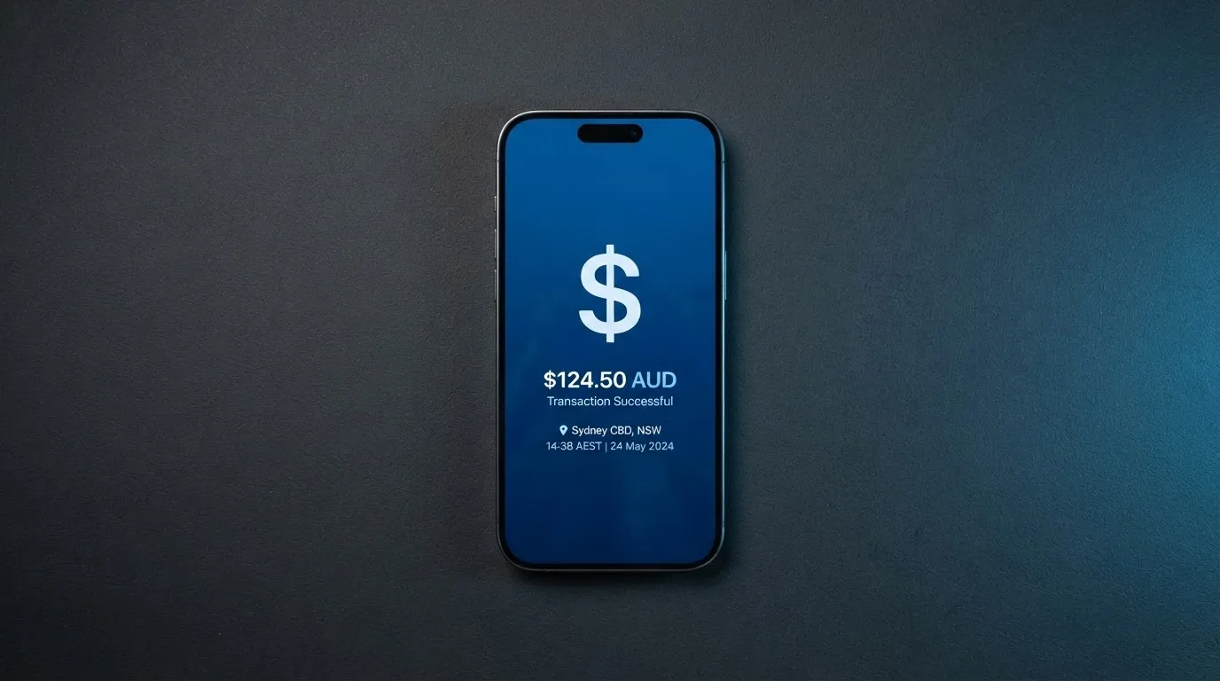 A digital wallet interface showing a cryptocurrency deposit to an offshore casino with an Australian location marker