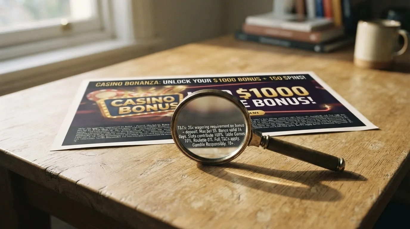 A magnifying glass over a casino bonus banner reading “5 BTC Welcome,” revealing fine-print terms underneath: wagering requirement, max bet limit, validity window, and game contribution percentages.