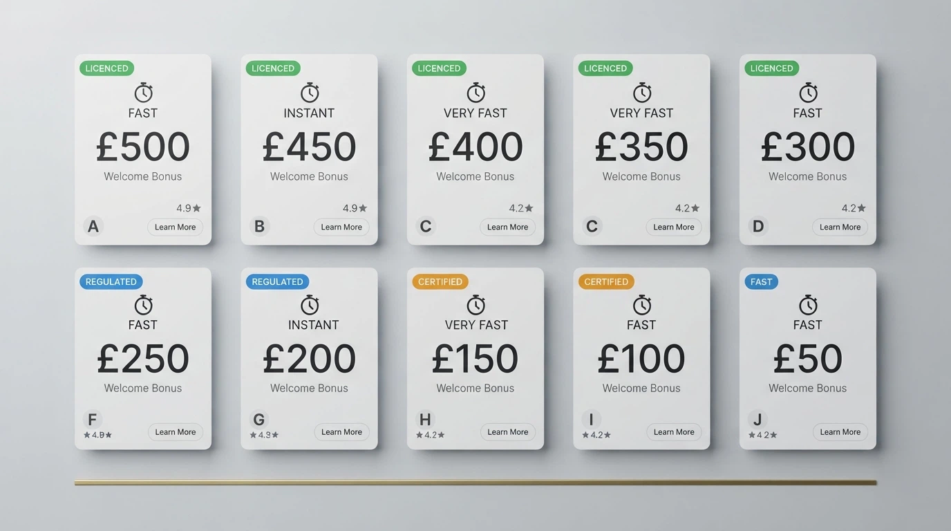A side-by-side grid of simplified casino-brand cards with key stats — licence badge, withdrawal speed icon, bonus value — arranged as a visual rankings board.