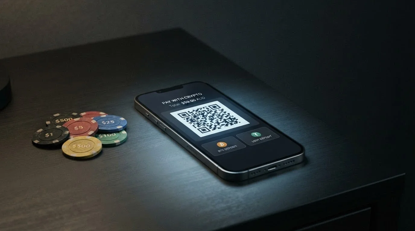 A smartphone showing a crypto wallet QR code beside an online casino deposit interface with BTC and USDT options visible