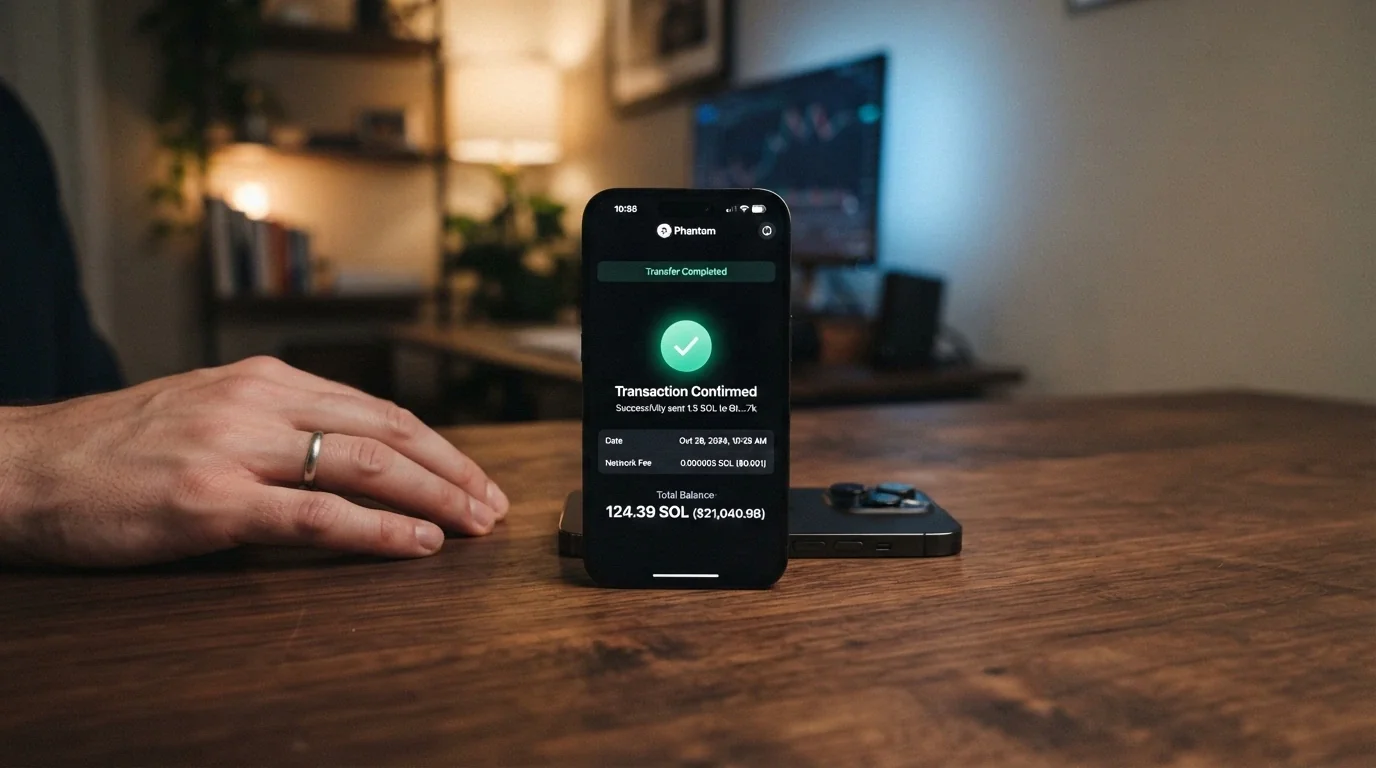 A close-up of a crypto wallet app on a phone screen showing a completed USDT transfer with a timestamp and a low network fee, held in hand