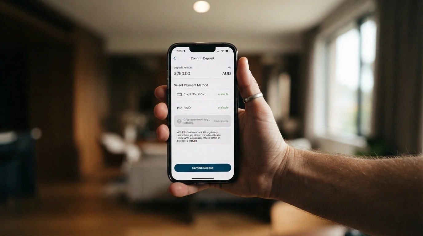 A payment screen showing a cryptocurrency deposit option marked unavailable with an on-screen notice about regulatory restrictions