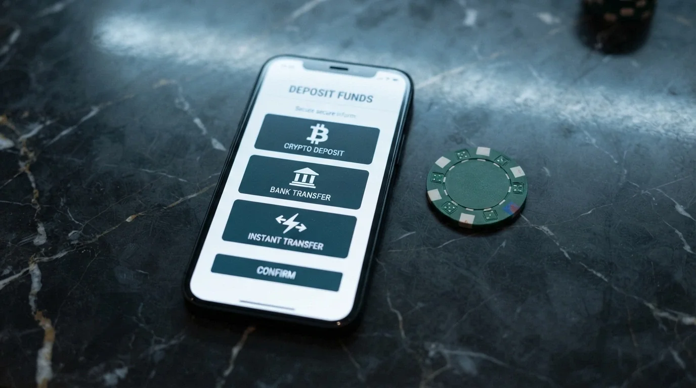 A smartphone showing a casino deposit screen with cryptocurrency, PayID and bank transfer options, with Australian banknotes beside it