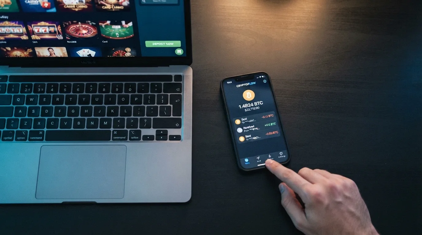 A cryptocurrency wallet app on a phone screen beside a casino lobby showing Bitcoin deposit options