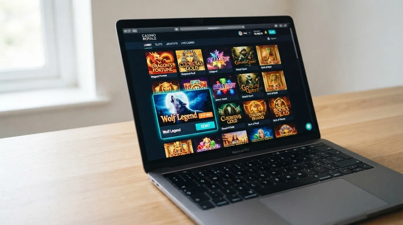 An online casino lobby screen showing rows of 5-reel pokie thumbnails with a visible Play for Free or Demo button on each title