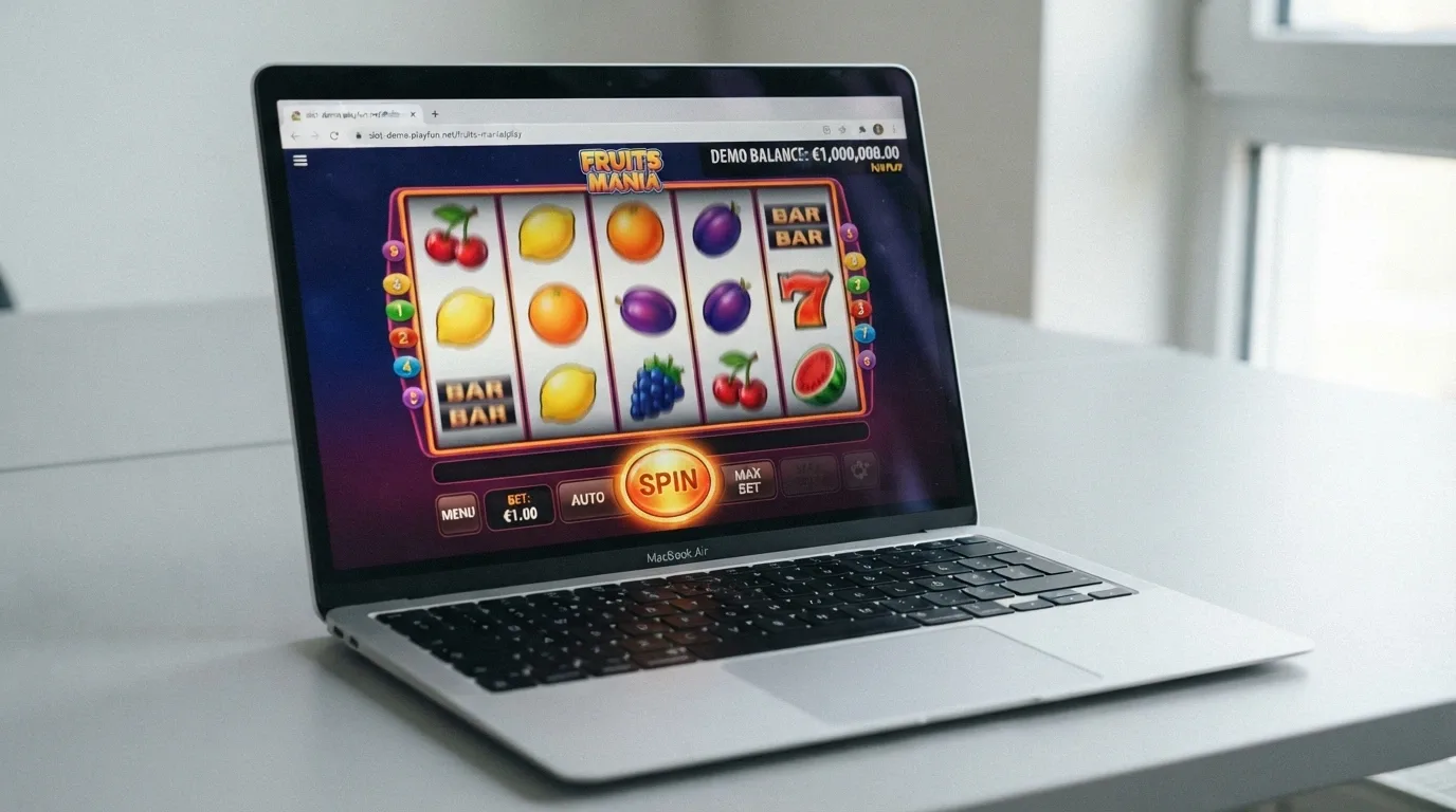 A 1Spin4Win pokie loaded in demo mode, showing play-money balance and the spin button, no deposit prompt visible