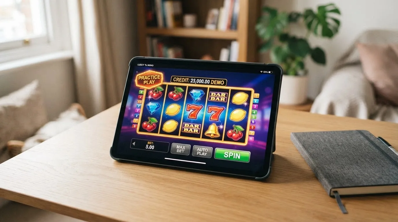 An iPad showing a demo-mode pokie with a prominent practice-play badge and a balance displayed in virtual credits