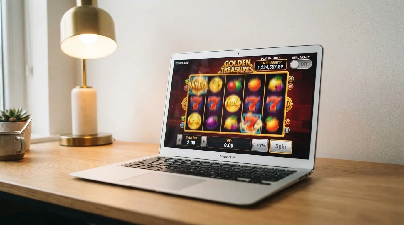 A laptop screen showing a slot game in demo mode with a play-money balance visible and a greyed-out real-money toggle