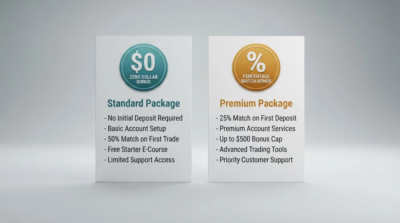 Two side-by-side offer cards, one labelled “No Deposit” with a zero-dollar badge and the other labelled “Deposit Match” showing a percentage symbol, different terms listed beneath each