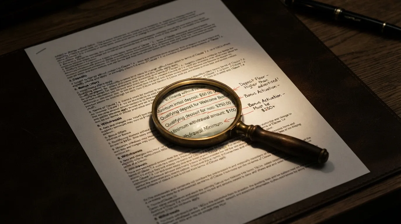 A close-up of fine-print terms and conditions with a magnifying glass highlighting three circled figures — deposit, bonus trigger and withdrawal minimum