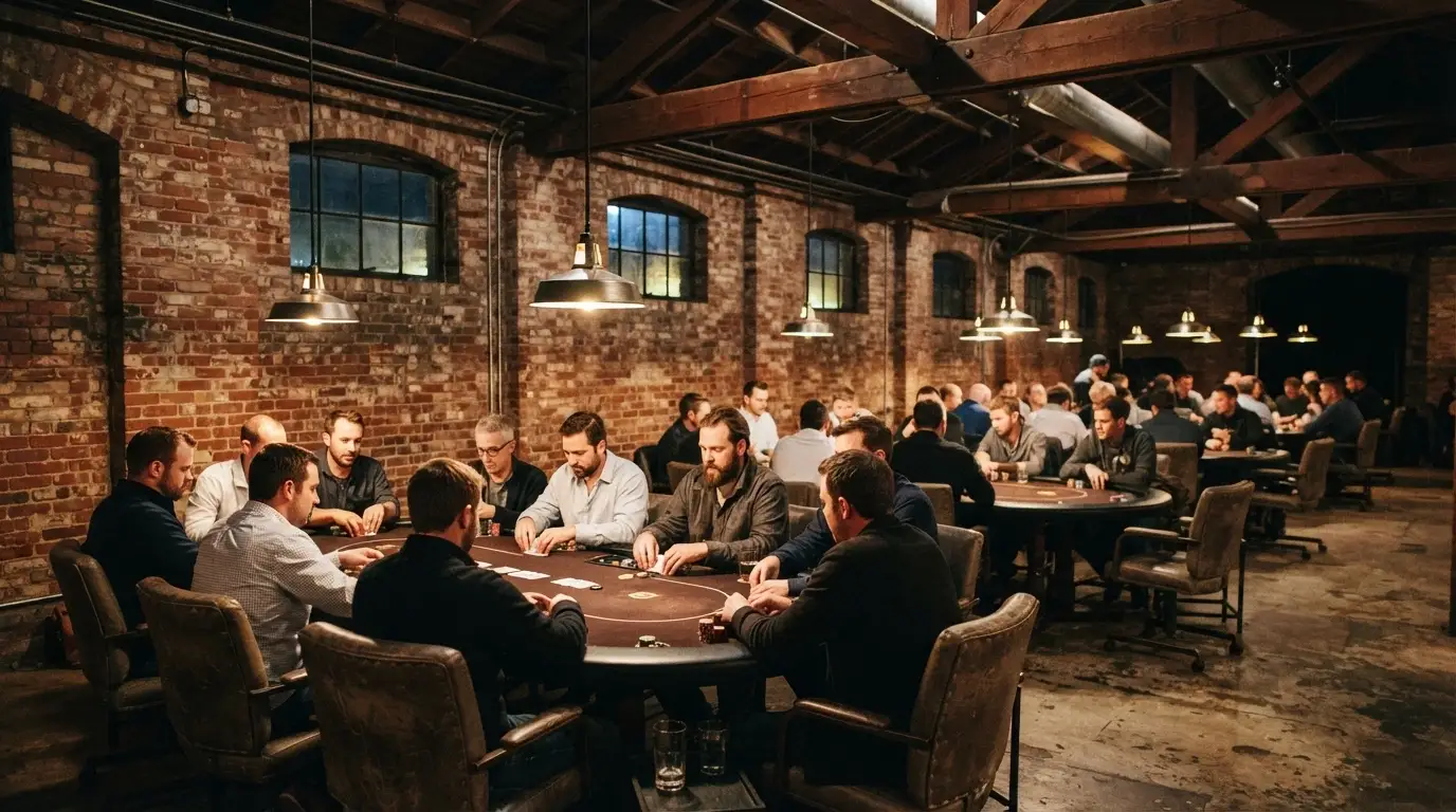 The District Poker room on Level 1 with nine tables set against the heritage brickwork and industrial lighting