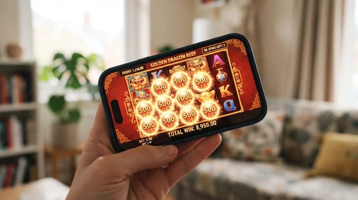 A mobile screenshot of a Dragon Link game during the Hold & Spin feature, with orb symbols locked in place and the re-spin counter visible