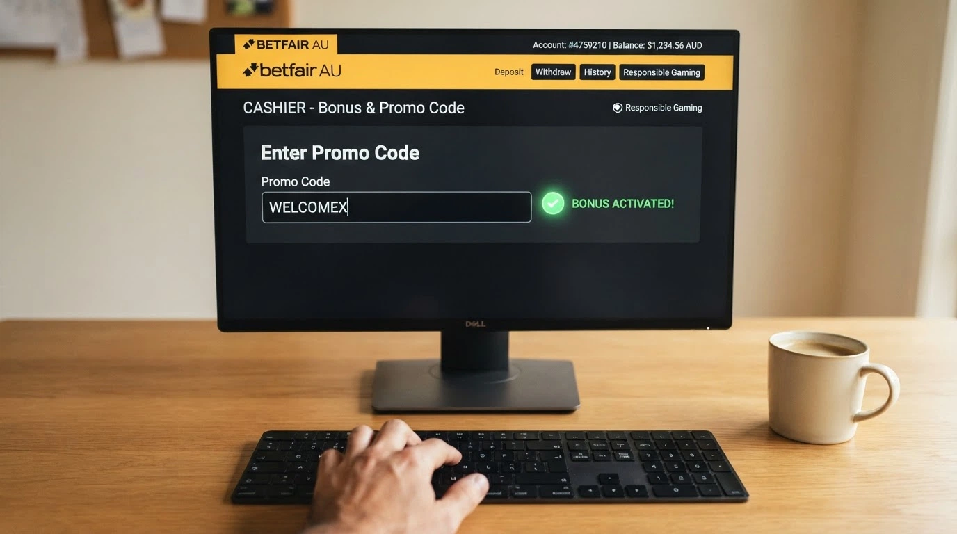 A desktop browser window with a casino cashier page open, a promo code being typed into a labelled input box, a bonus-credited confirmation notification appearing beside it