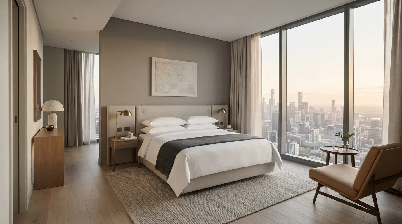 A luxury room interior at Eos by SkyCity with floor-to-ceiling windows, premium furnishings and city views