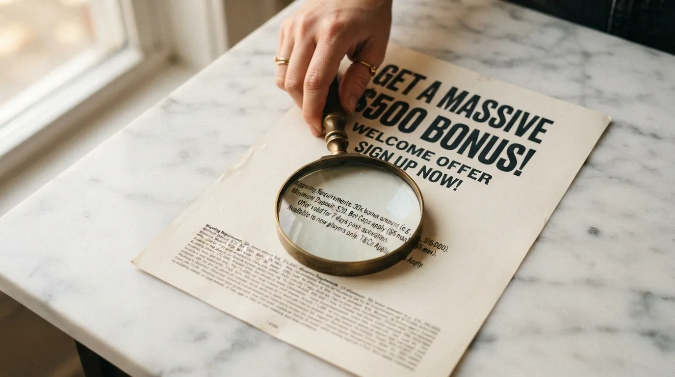 A welcome-bonus banner showing a large A-dollar figure with a magnifying glass hovering over the terms-and-conditions text below it, highlighting wagering, bet cap, and validity clauses