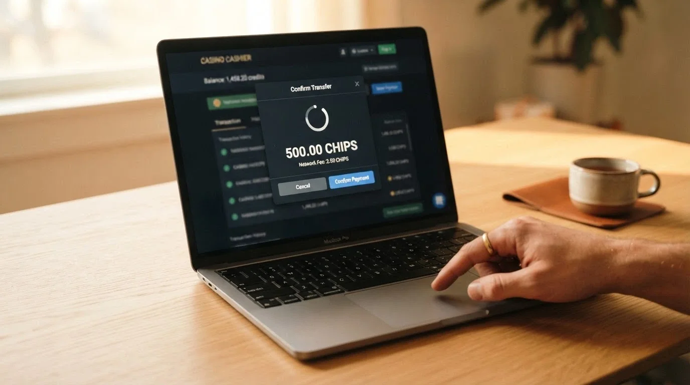 A laptop screen showing a MetaMask-style wallet popup confirming an ETH transfer to a casino deposit address, with a progress spinner and network-fee display visible