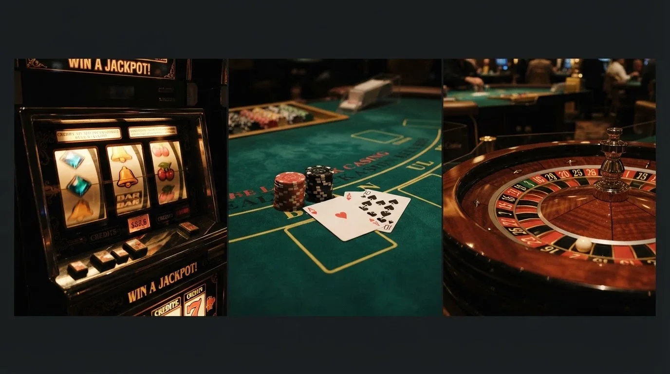 A collage of slot-reel close-ups, a blackjack felt, and a roulette wheel arranged across a dark casino-style background with an Ethereum logo in the corner