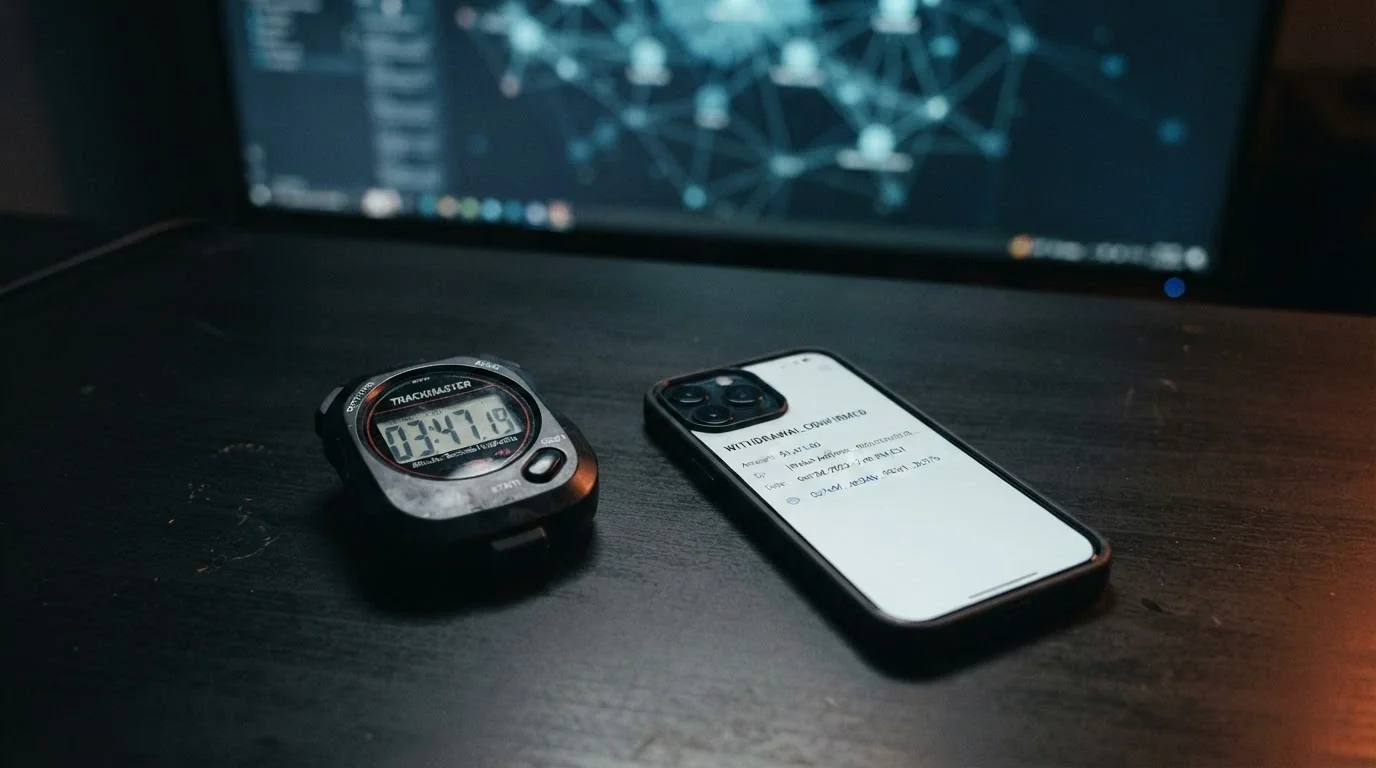 A stopwatch beside a smartphone showing a withdrawal-confirmation screen with an Ethereum transaction hash and a timestamp, against a network-node visualisation