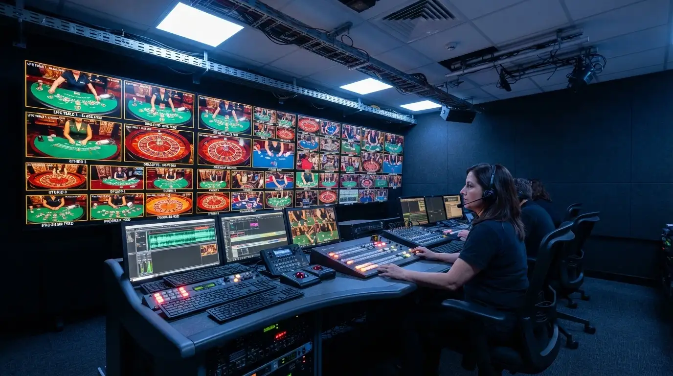A broadcast view of an Evolution Gaming studio control room with multiple live table feeds displayed on a monitor wall, a production director at the console