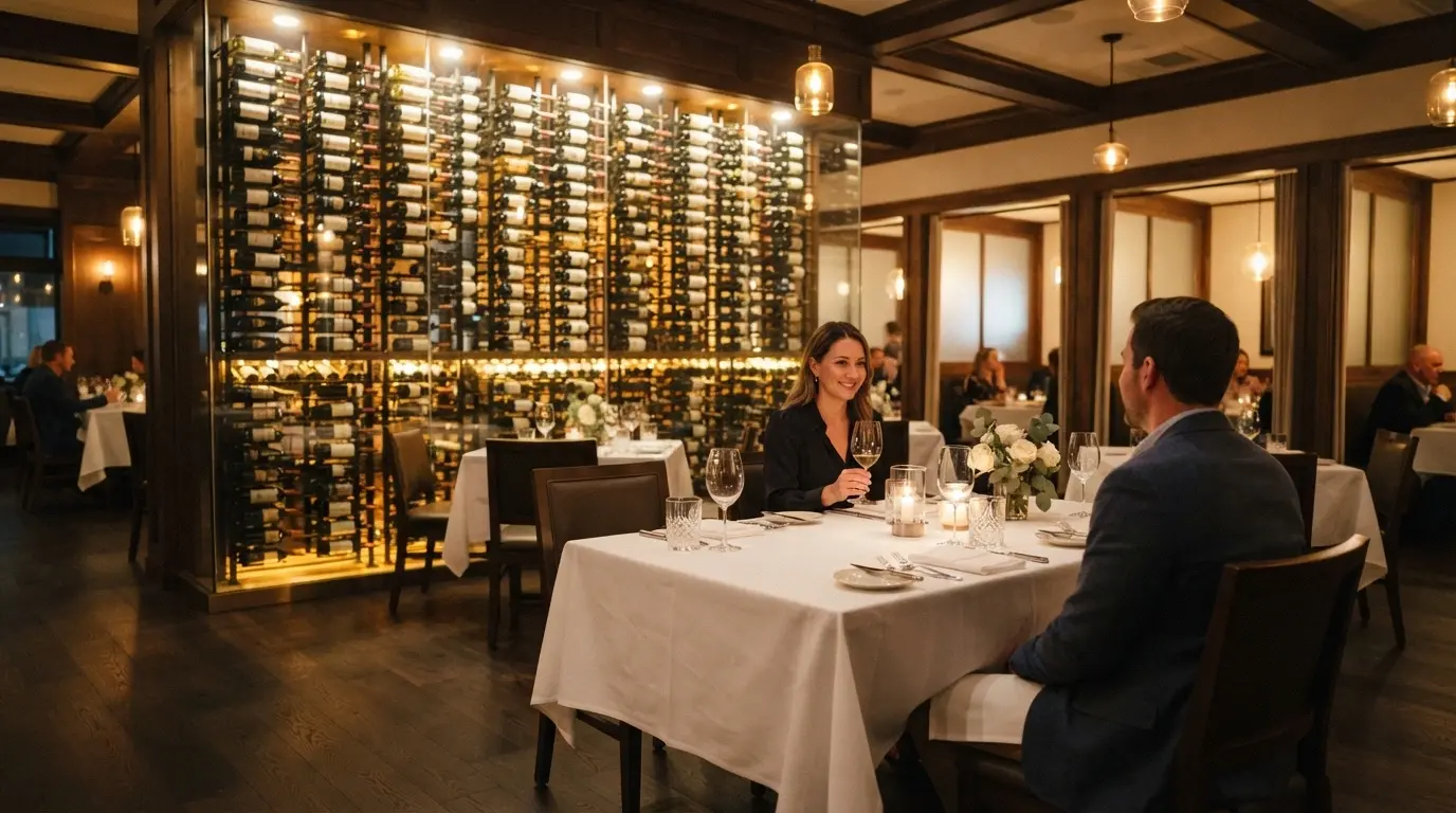 A fine-dining restaurant interior at SkyCity Adelaide with a feature wine wall and intimate table settings