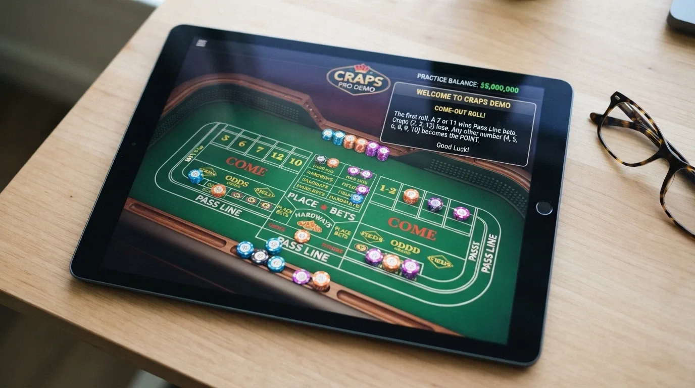 A screenshot of an online craps demo mode showing practice chips and a tutorial overlay explaining the come-out roll to a new player