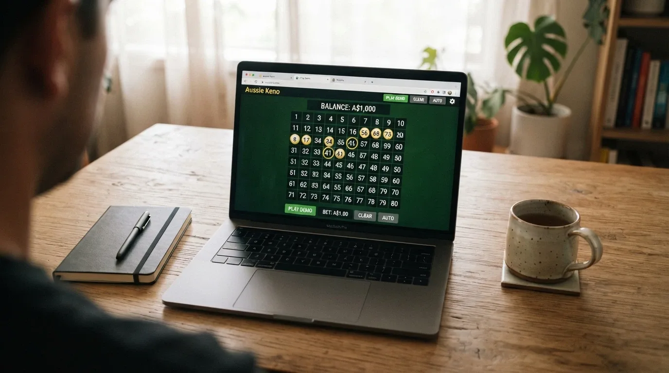 A demo keno game running in a browser with a play-money balance of A$1,000 visible in the corner