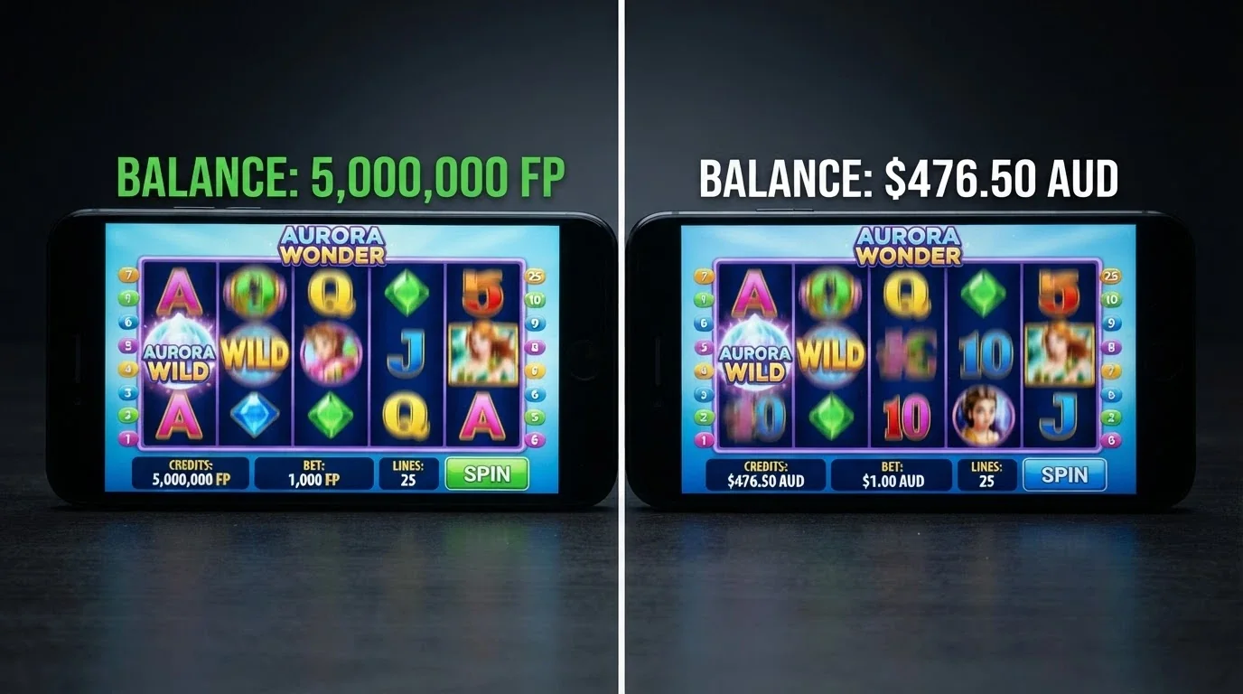 A split-screen comparison — one side showing a pokies game in demo mode with a large play-money balance, the other showing the same game with a real AUD balance and a much smaller figure